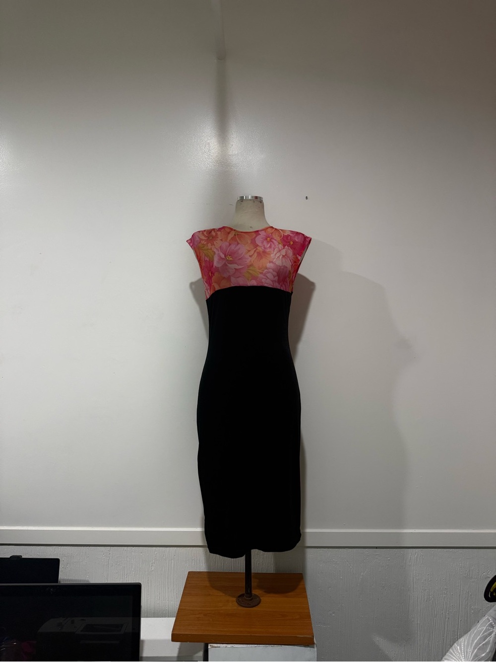 Black Midi Dress with Pink Floral Yoke